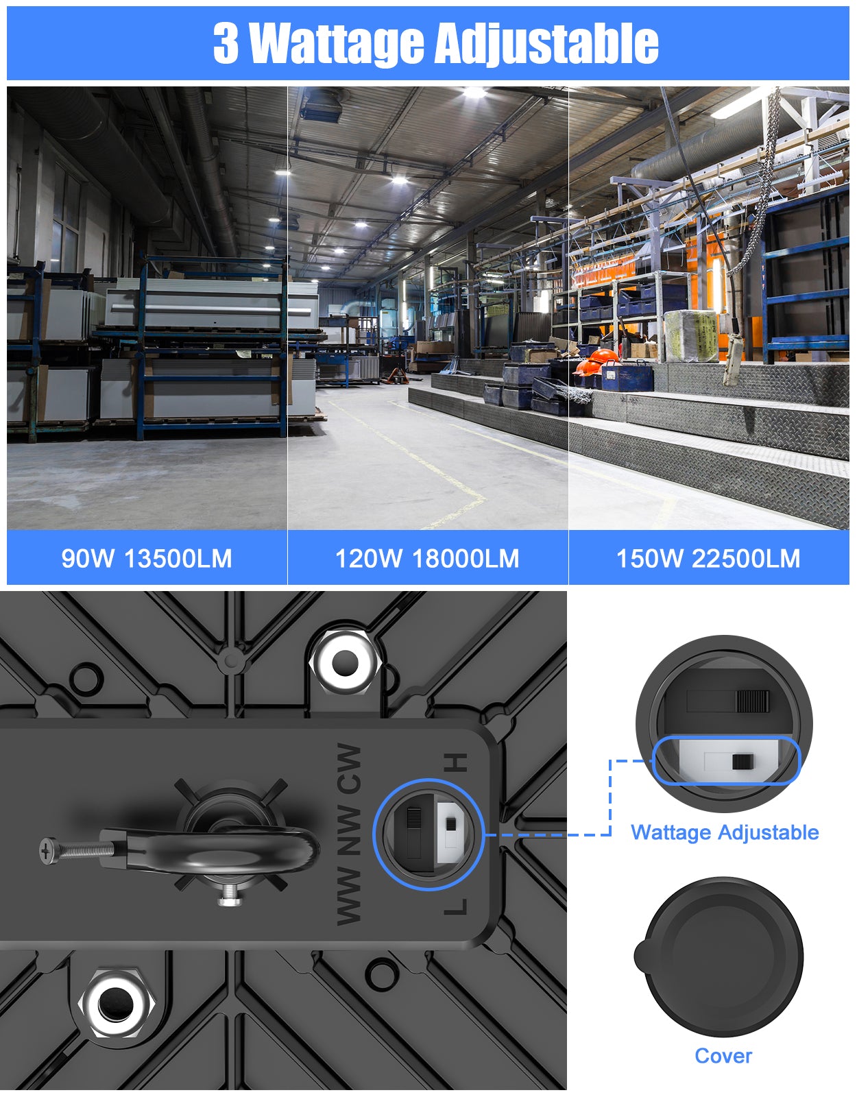 150W/120W/90W Power Adjustable-5000K/4000K/3000K CCT Adjustable-AC 120~277V-140 Lm Per Watts-Round High Bay Light Magic Line-M02