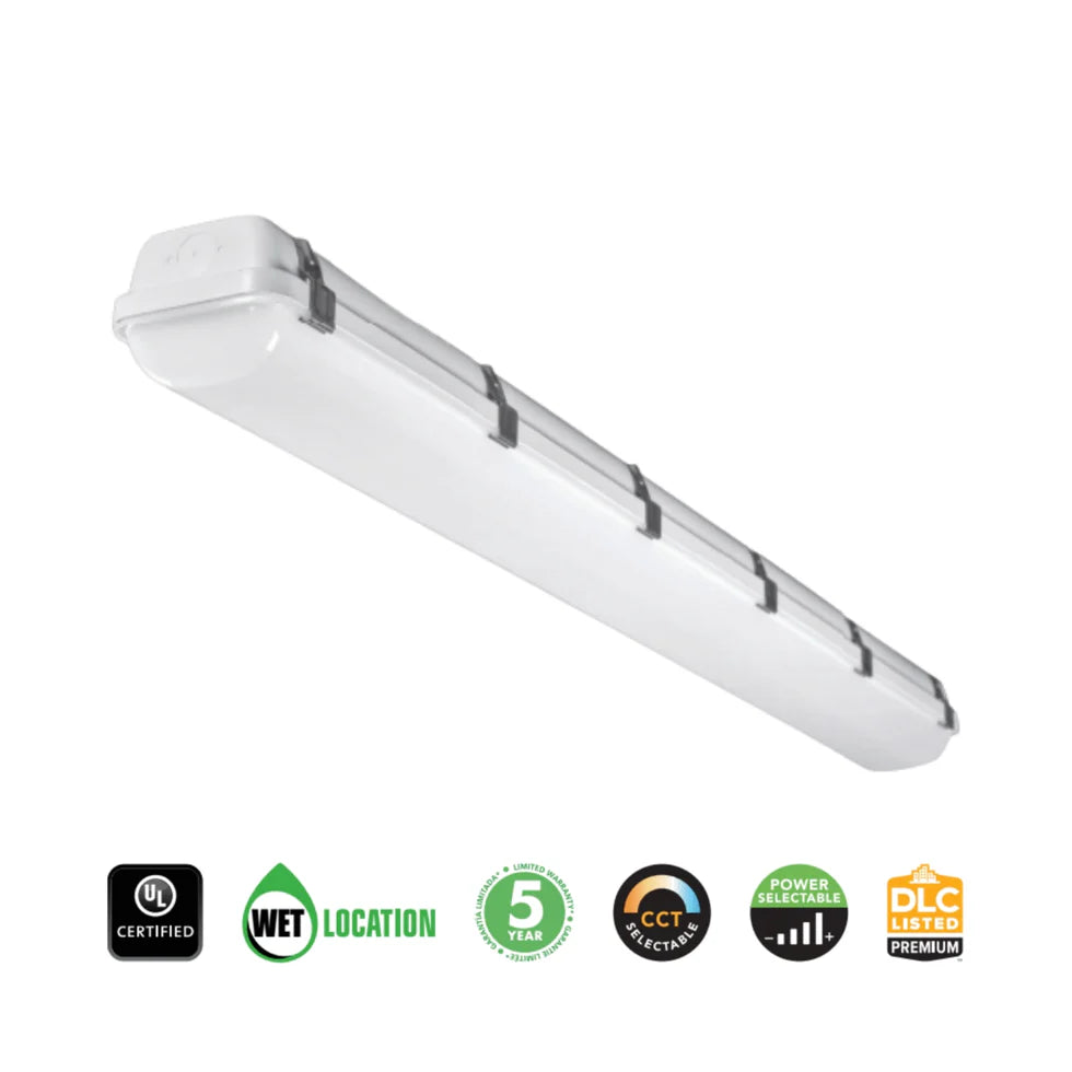 4Ft-50W/35W/25W Power Adjustable-5000K/40000K/3500K CCT Adjustable-AC 120~277V-135 Lm Per Watts-Vapor Tight Linear Platinum Line-P01